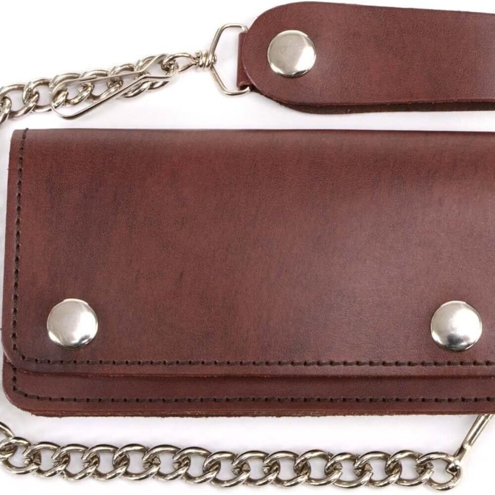 Men's Leather Bifold Wallet with Chain Anti-Theft Motorcycle Accessory